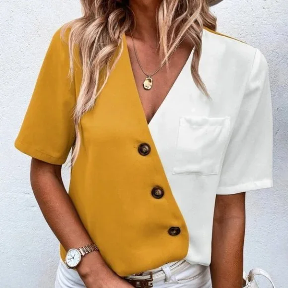 Colorblock Button detail Patched Pocket Blouse - Picture 5 of 6